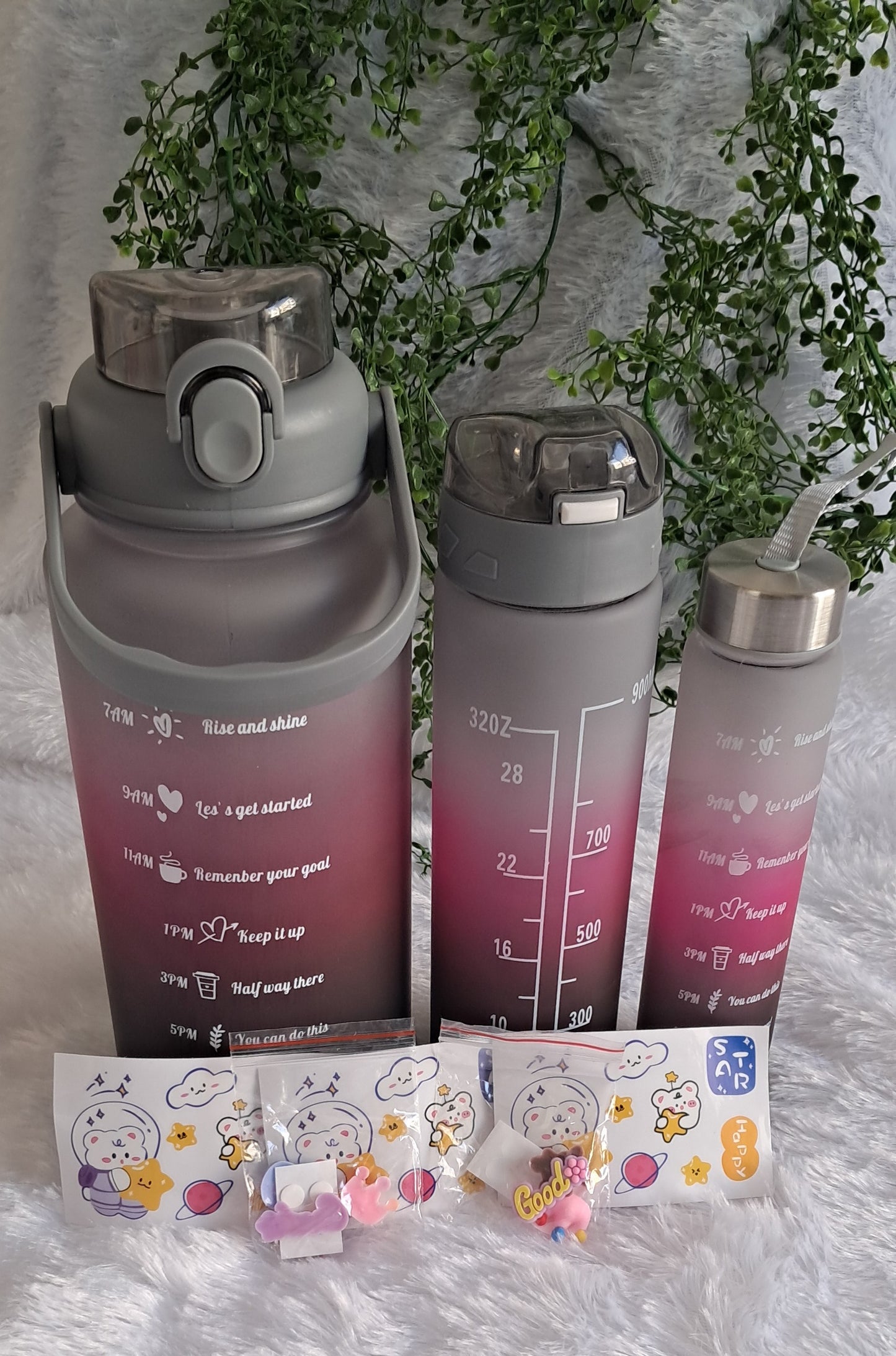 Sports Water Bottle Set - 3-Pack with 300ml, 900ml, and 2L Time Marker and Straw for Motivation
