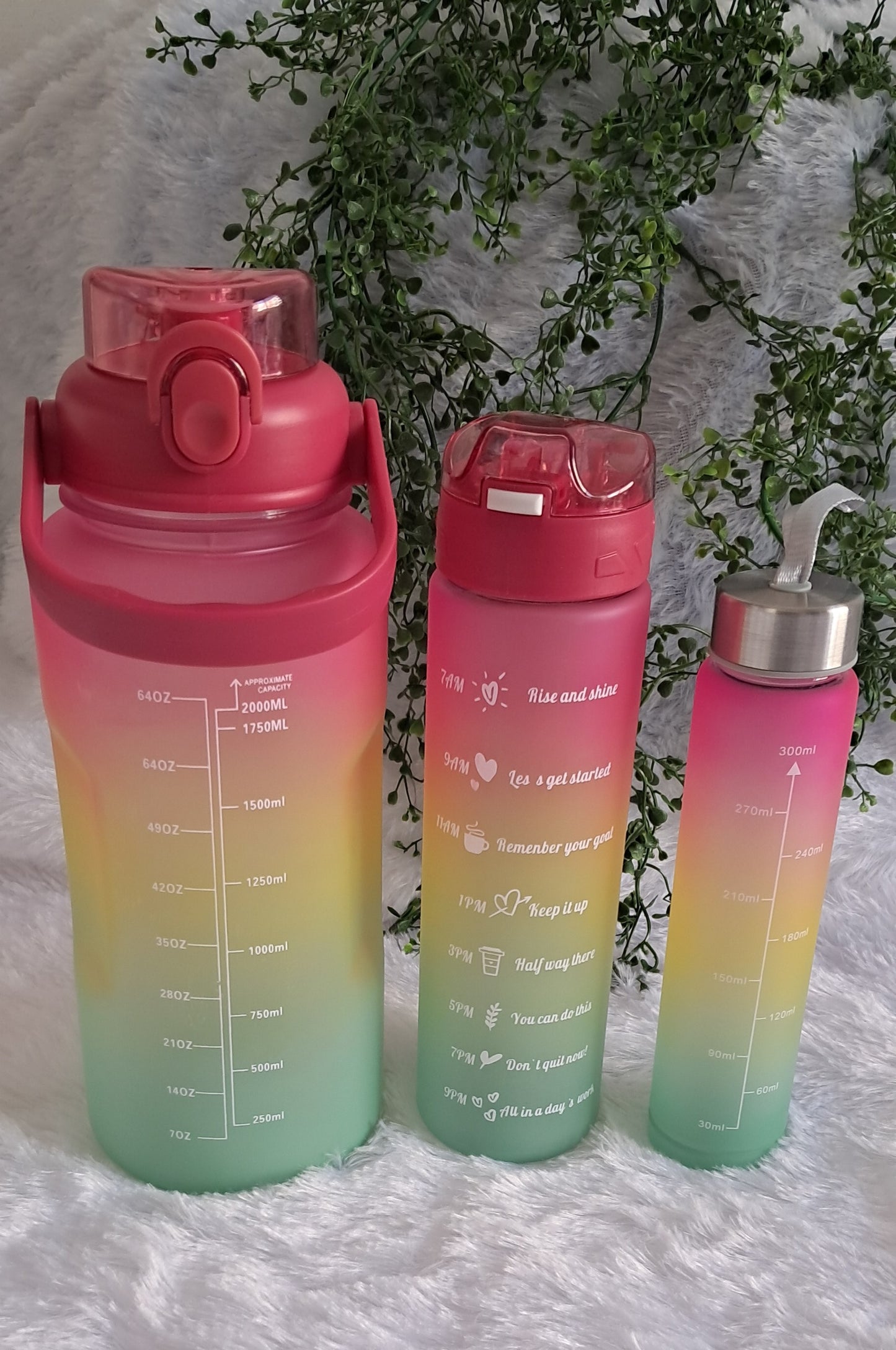 Sports Water Bottle Set - 3-Pack with 300ml, 900ml, and 2L Time Marker and Straw for Motivation