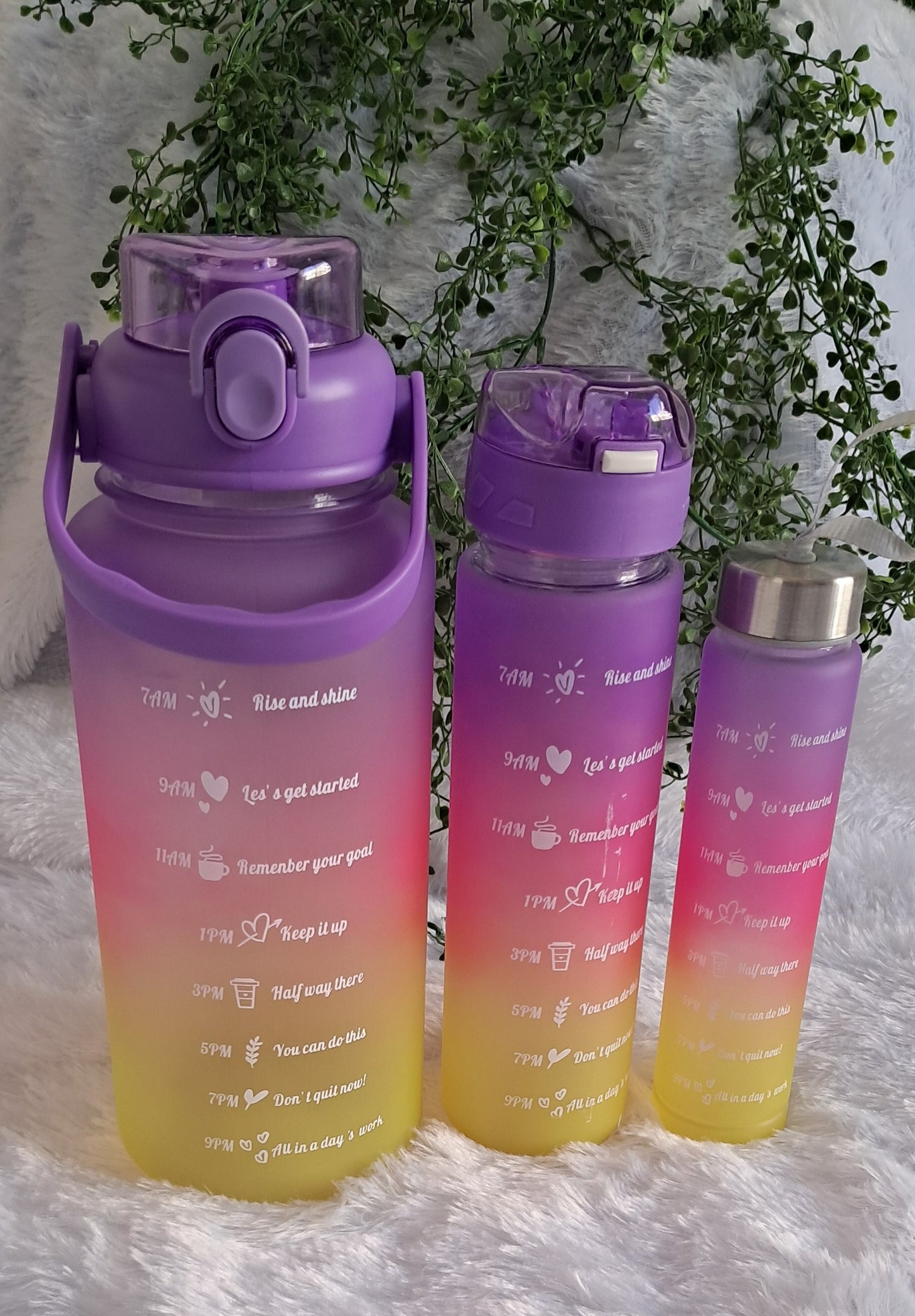 Sports Water Bottle Set - 3-Pack with 300ml, 900ml, and 2L Time Marker and Straw for Motivation