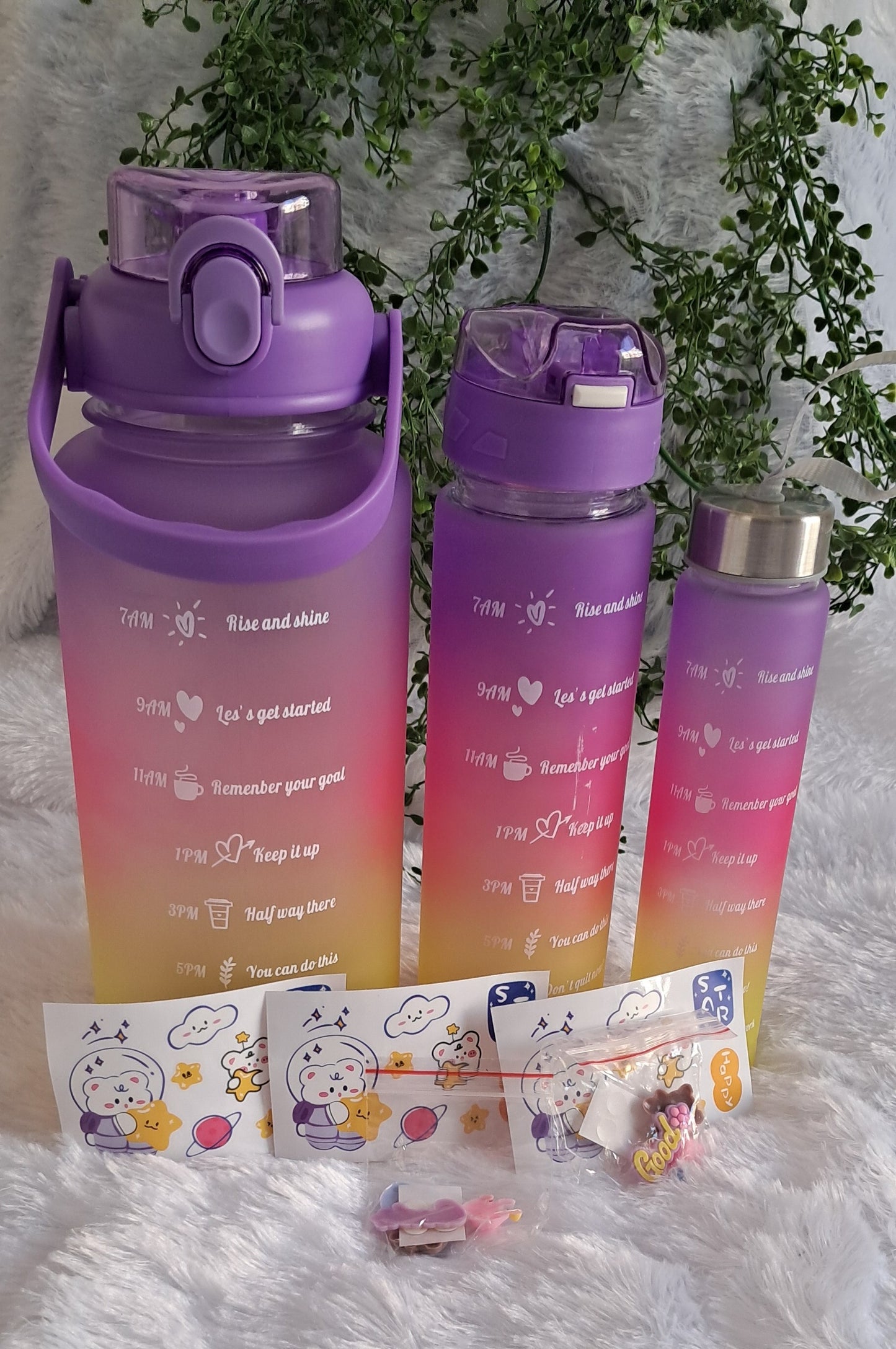 Sports Water Bottle Set - 3-Pack with 300ml, 900ml, and 2L Time Marker and Straw for Motivation