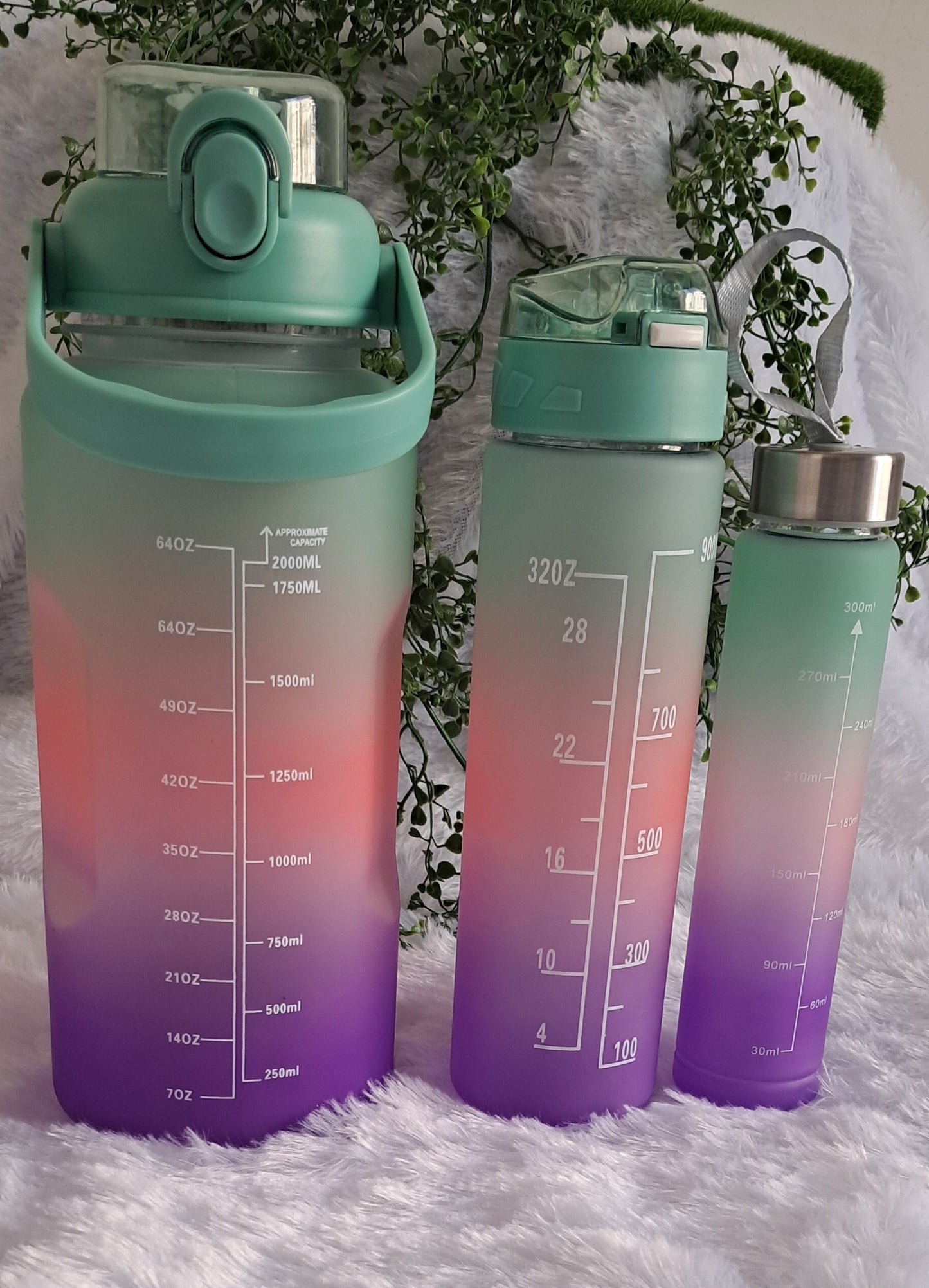 Sports Water Bottle Set - 3-Pack with 300ml, 900ml, and 2L Time Marker and Straw for Motivation