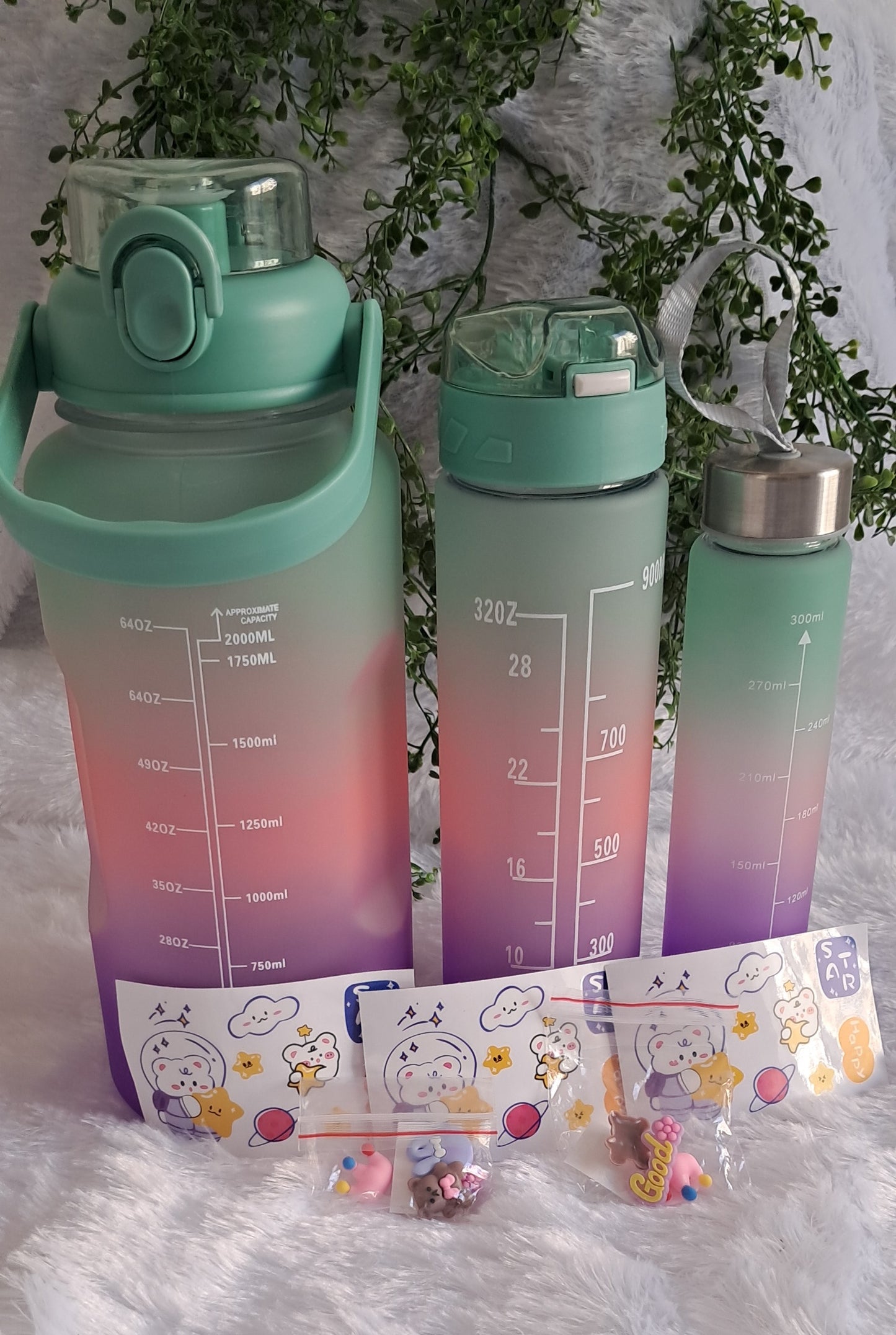 Sports Water Bottle Set - 3-Pack with 300ml, 900ml, and 2L Time Marker and Straw for Motivation