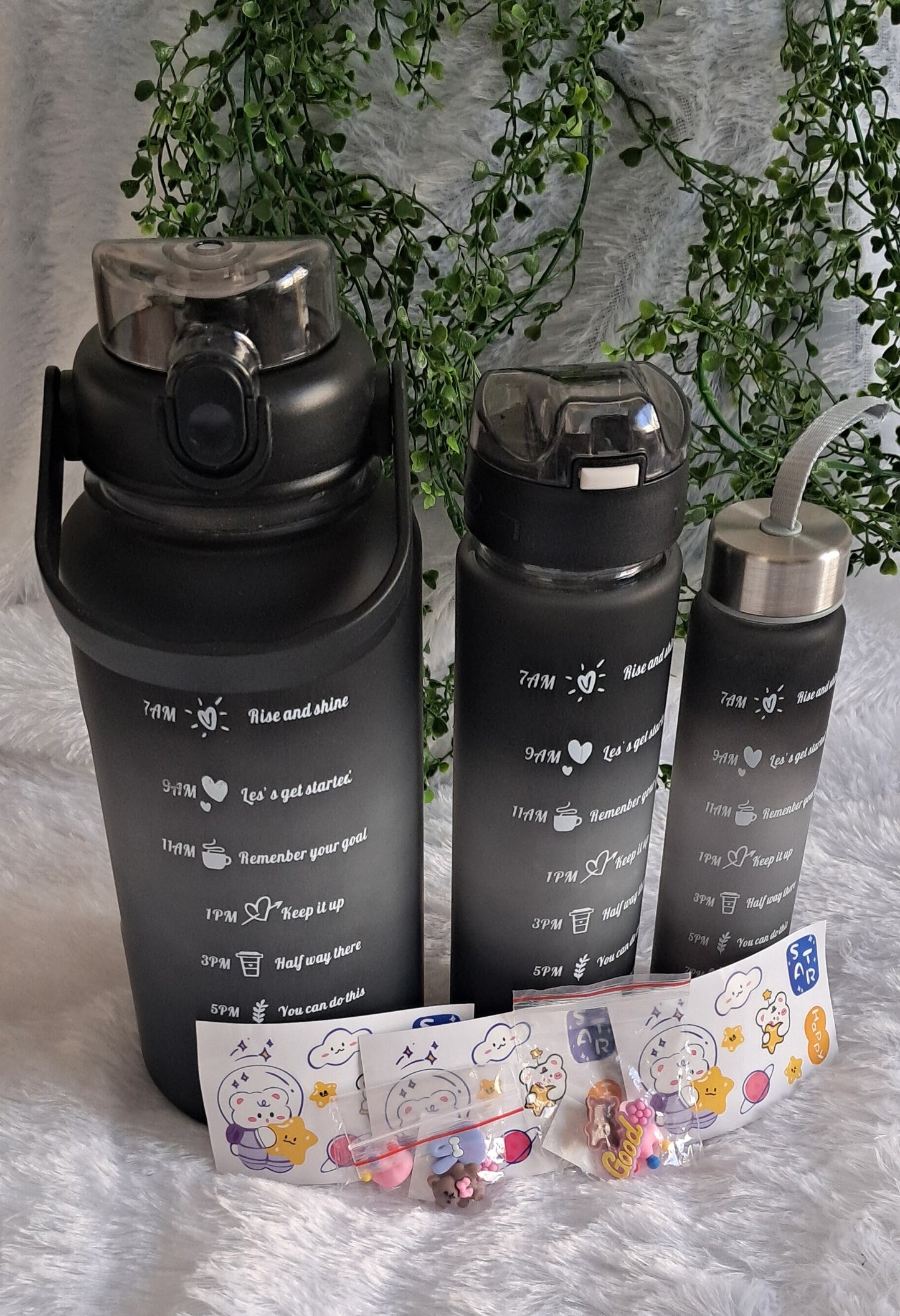 Sports Water Bottle Set - 3-Pack with 300ml, 900ml, and 2L Time Marker and Straw for Motivation