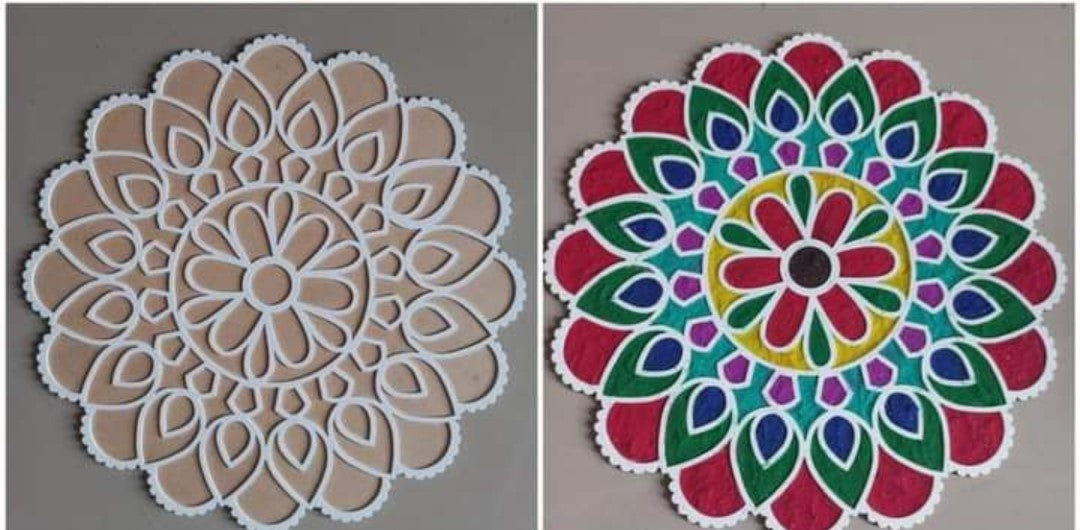Reusable Rangoli Mat in lotus designs with Wooden Base MDF 12 Inch Easy to Use Rangoli Stencil