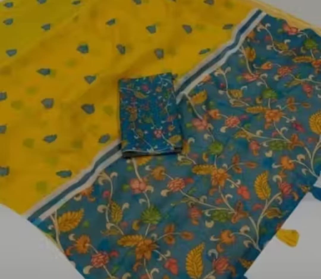 Yellow cotton Linen saree with lotus design Most treading