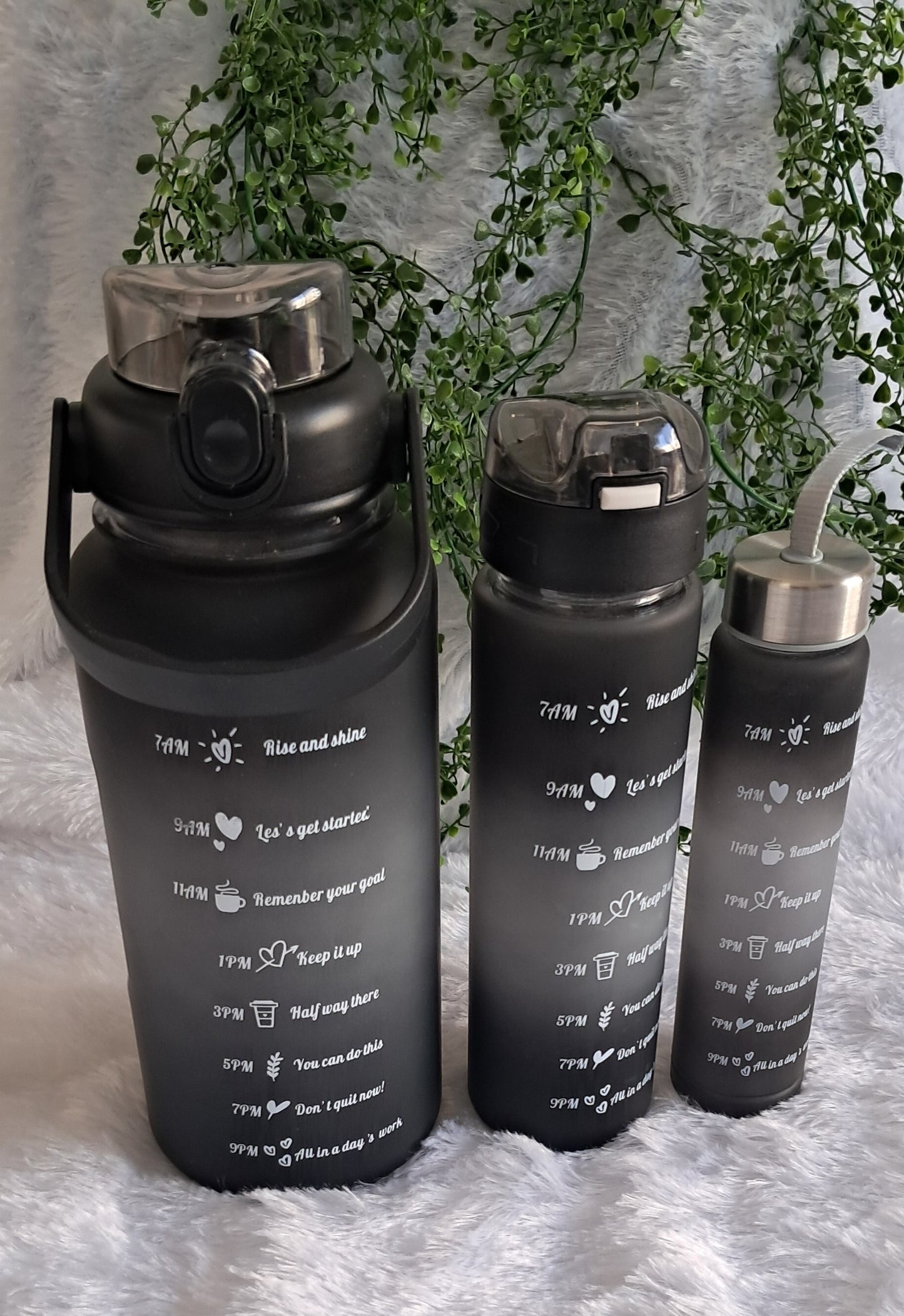 Sports Water Bottle Set - 3-Pack with 300ml, 900ml, and 2L Time Marker and Straw for Motivation
