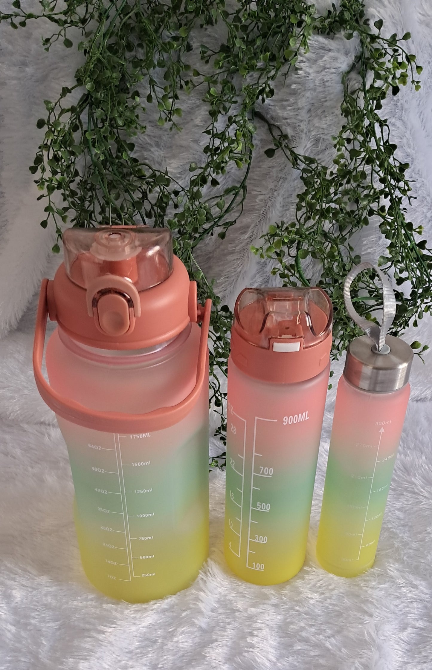 Sports Water Bottle Set - 3-Pack with 300ml, 900ml, and 2L Time Marker and Straw for Motivation