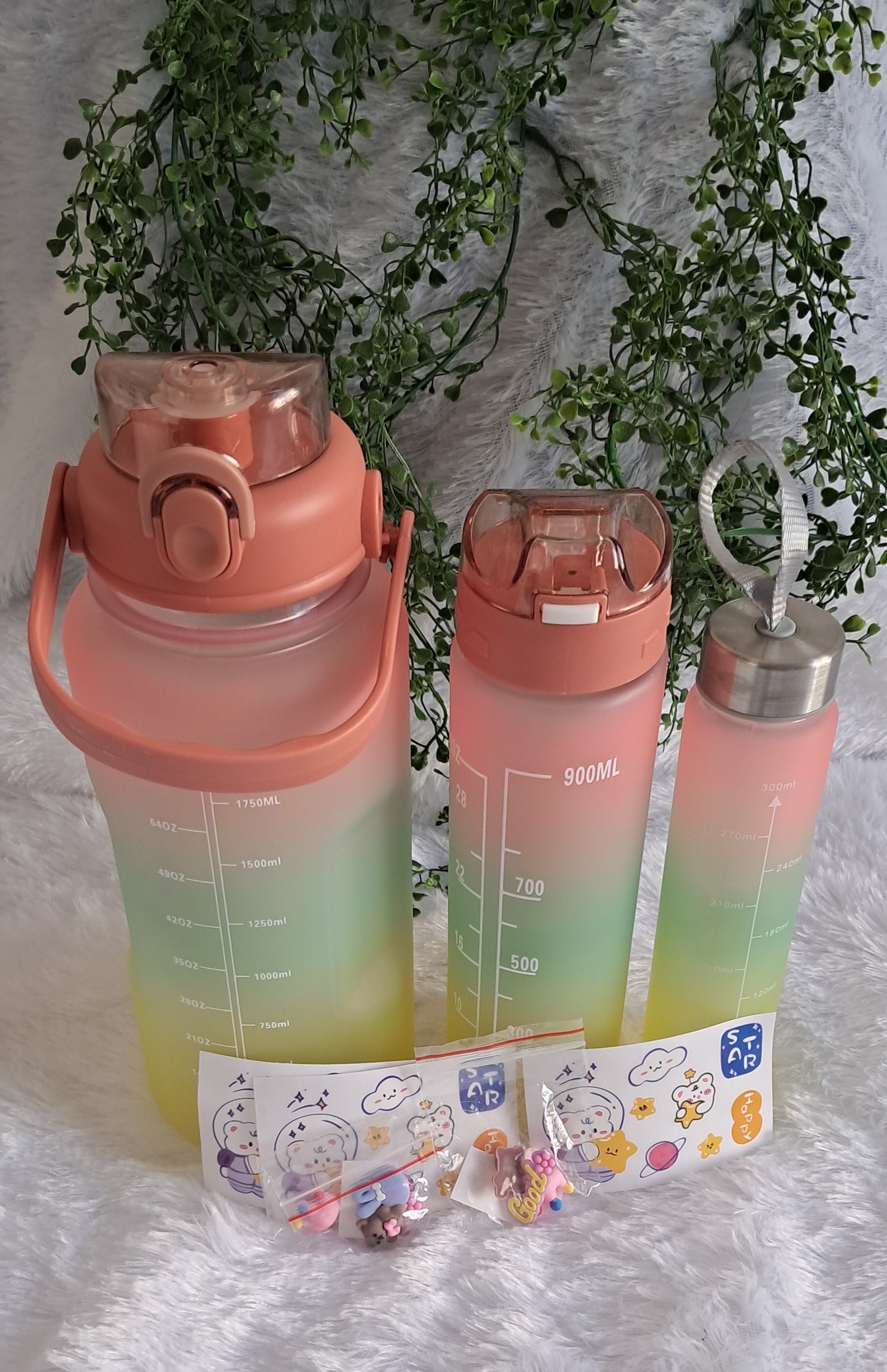 Sports Water Bottle Set - 3-Pack with 300ml, 900ml, and 2L Time Marker and Straw for Motivation