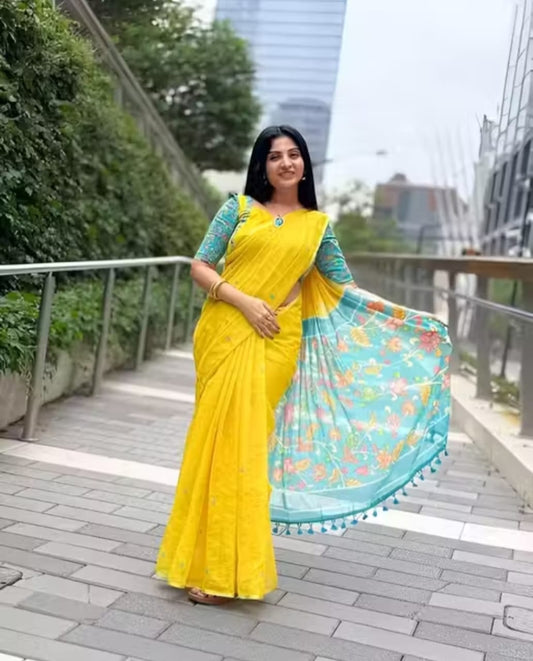 Yellow cotton Linen saree with lotus design Most treading