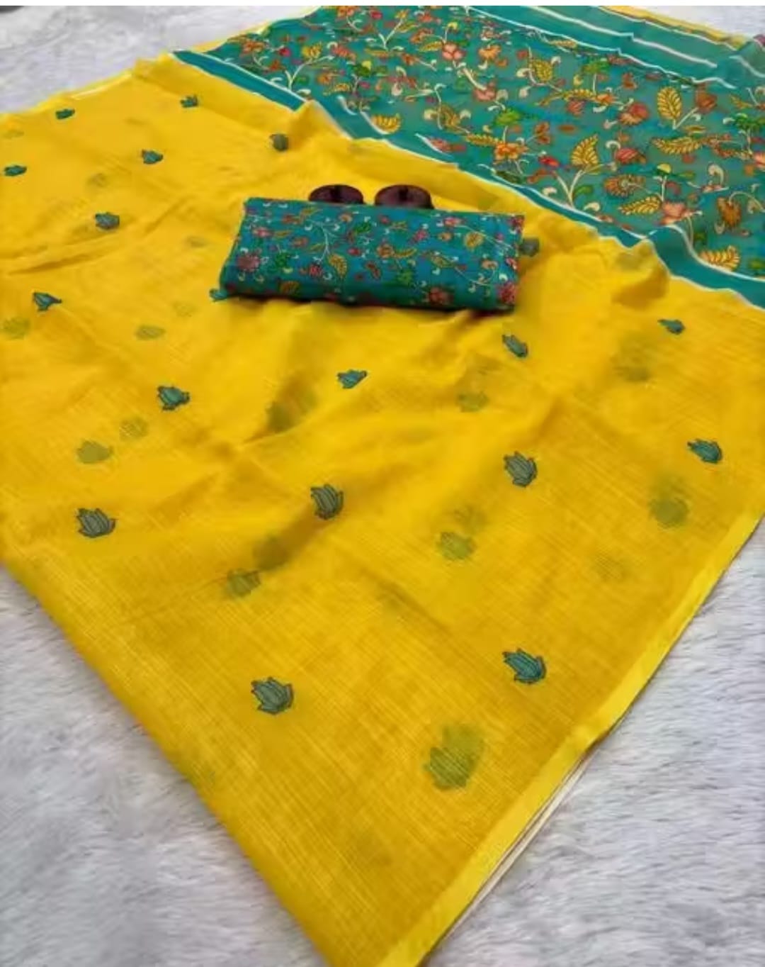 Yellow cotton Linen saree with lotus design Most treading
