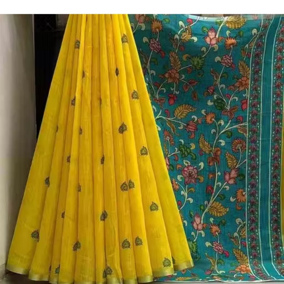 Yellow cotton Linen saree with lotus design Most treading
