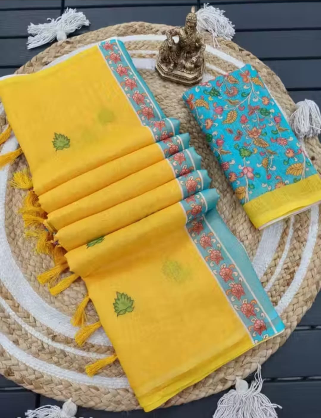 Yellow cotton Linen saree with lotus design Most treading