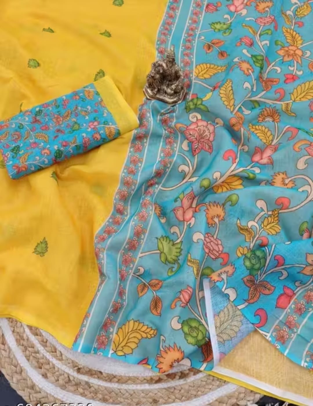 Yellow cotton Linen saree with lotus design Most treading