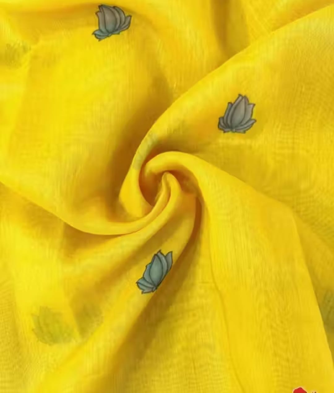 Yellow cotton Linen saree with lotus design Most treading