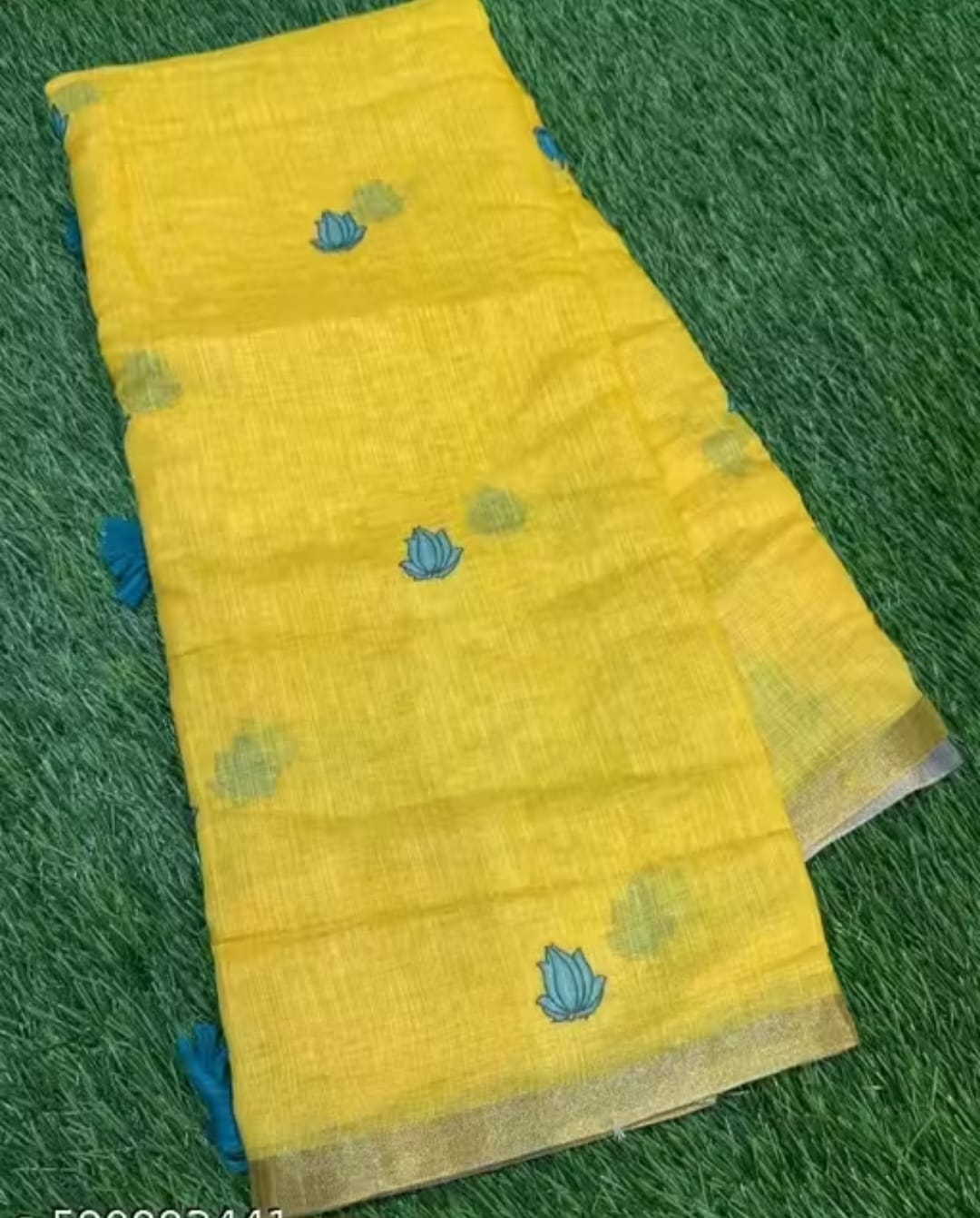 Yellow cotton Linen saree with lotus design Most treading